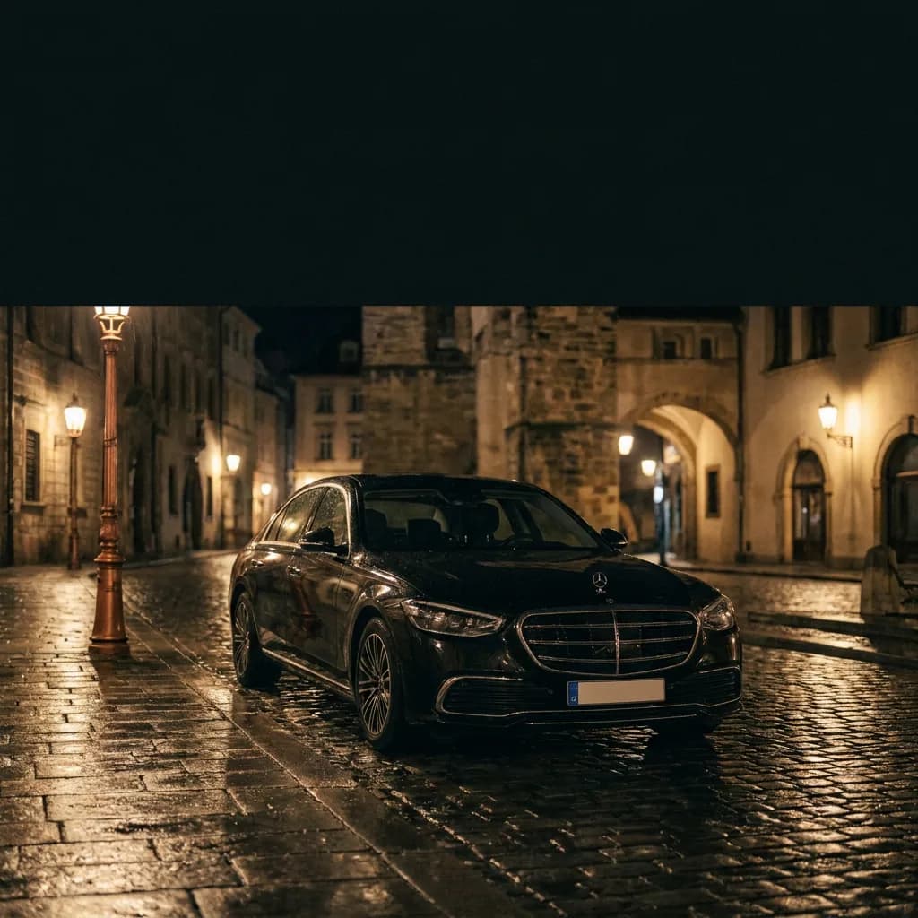 Zwarte Mercedes-Benz S-Klasse op natte kasseien in een sfeervolle nachtelijke straat