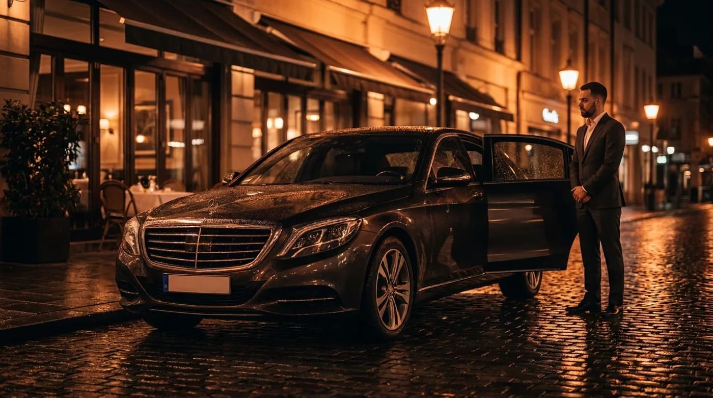 Chauffeur in pak naast een Mercedes-Benz S-Klasse op natte kinderkopjes bij avond