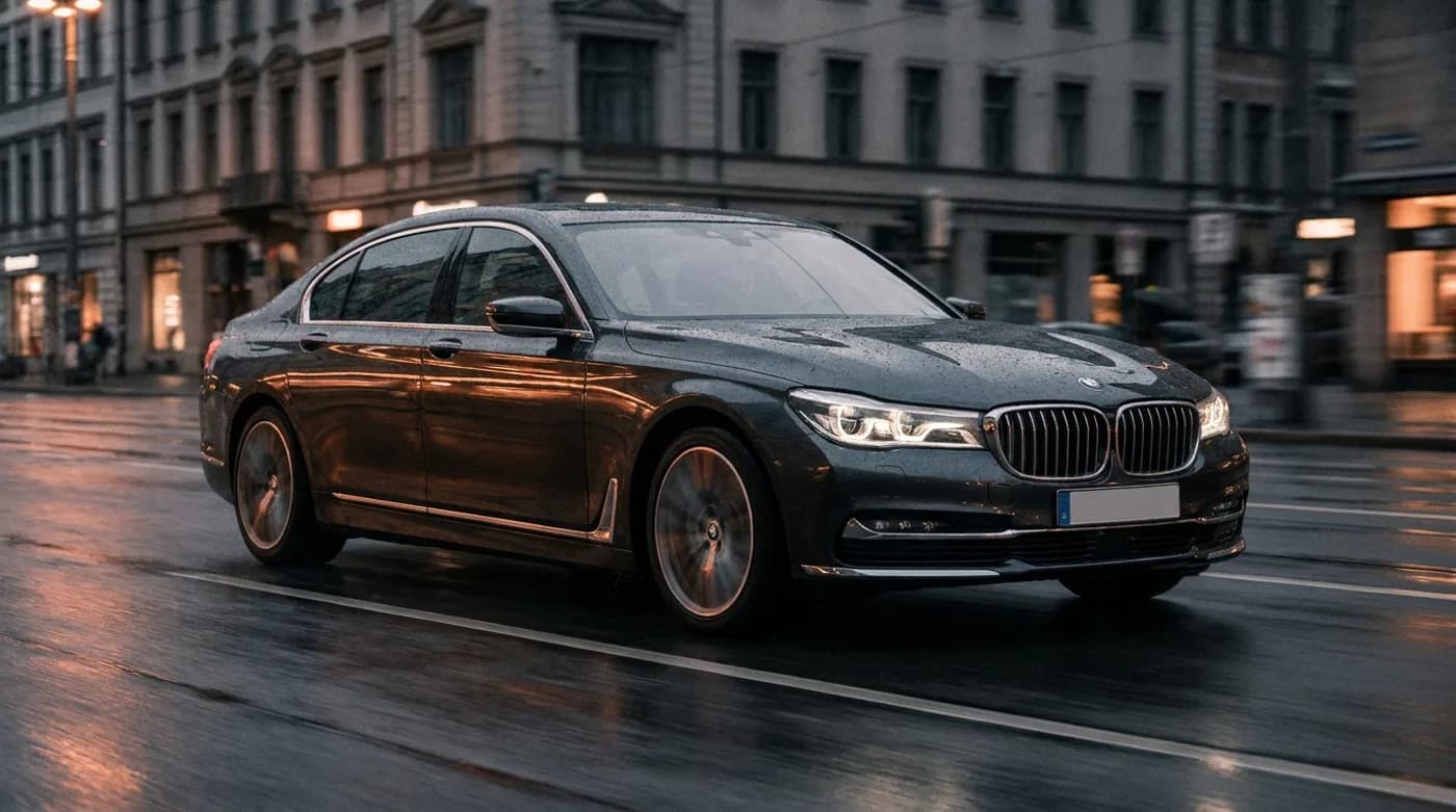Dark BMW 7 Series on a wet city street at night