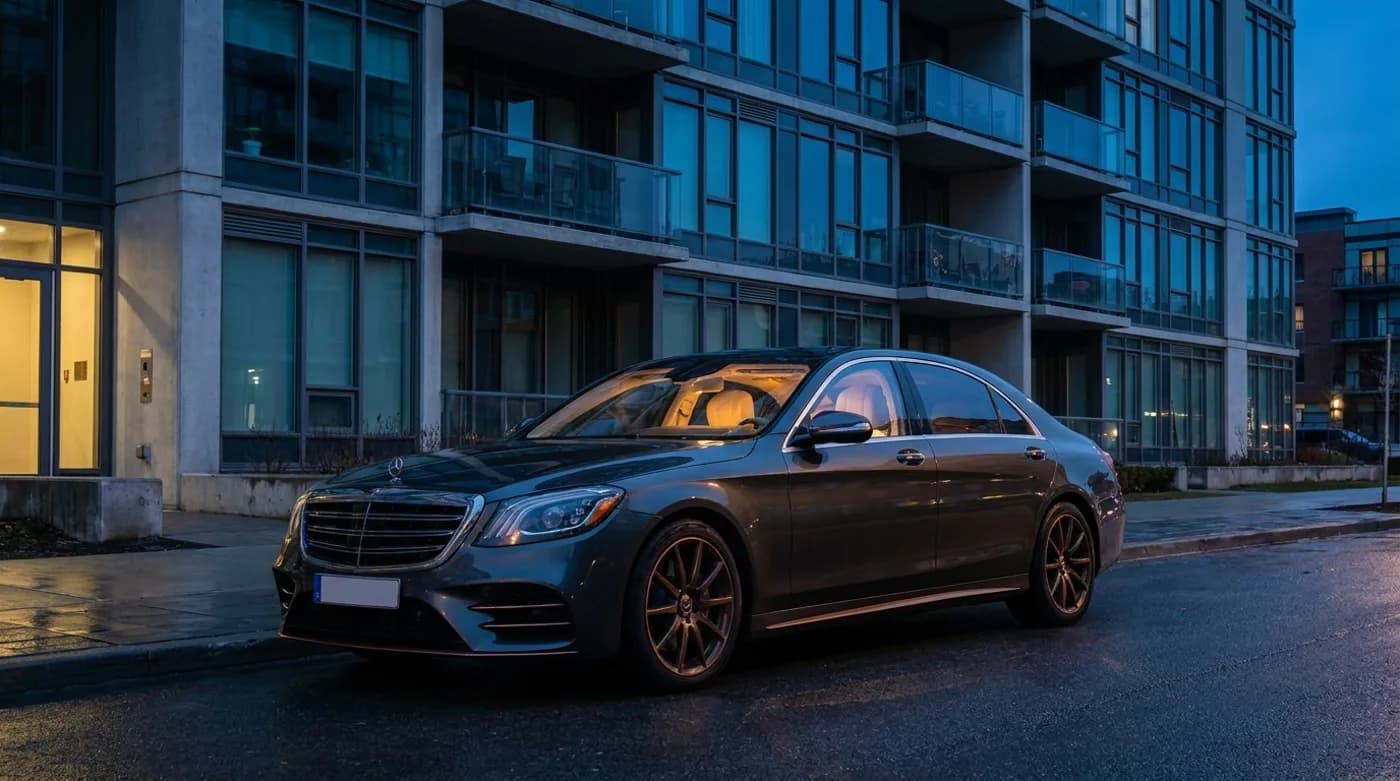 Dark Mercedes S-Class outside a modern apartment building at blue hour