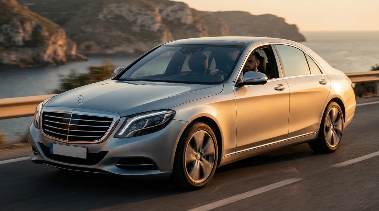 Zilveren Mercedes-Benz S-Klasse op een Zuid-Europese kustweg bij zonsondergang