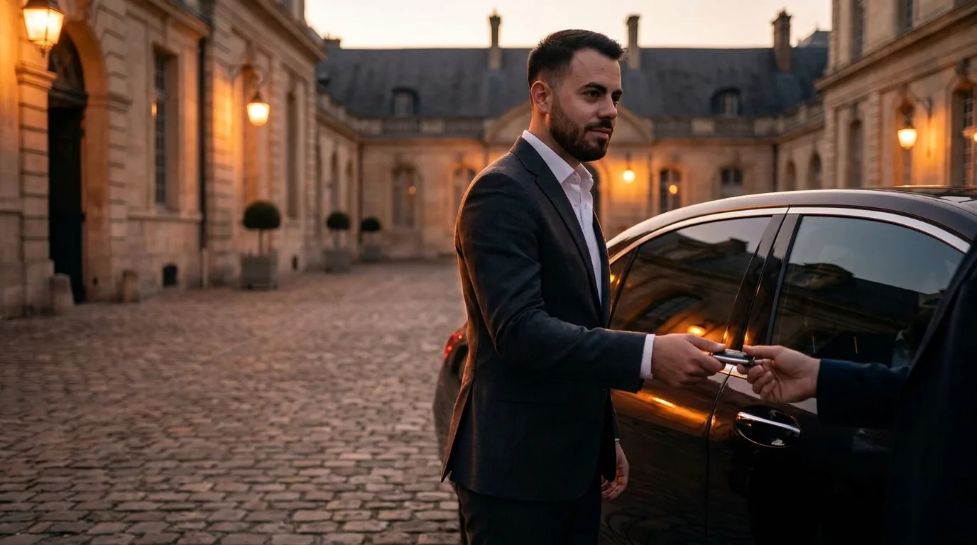 Chauffeur overhandigt de autosleutel aan een klant op een binnenplaats in de schemering