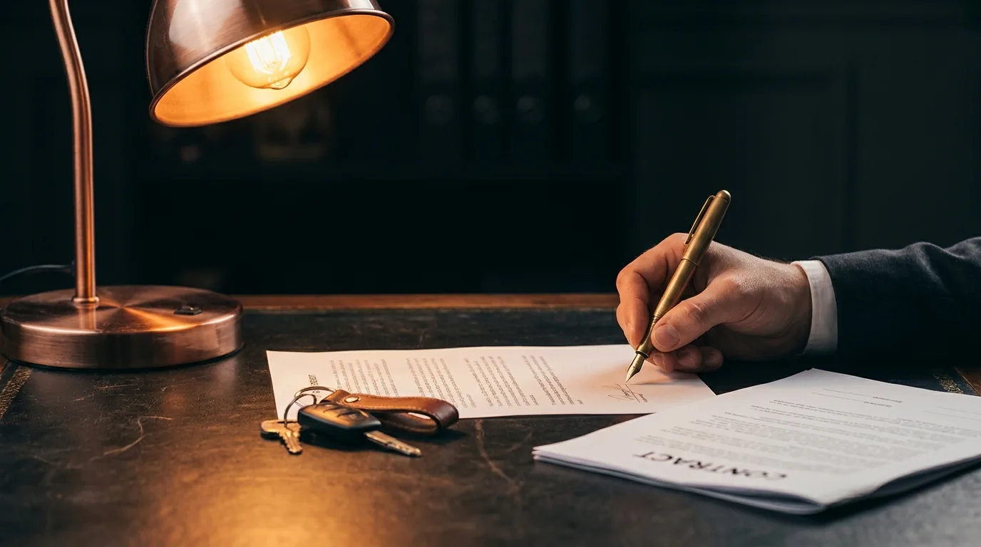 Ondertekening van een vervoersovereenkomst bij warm bureaulampe-licht