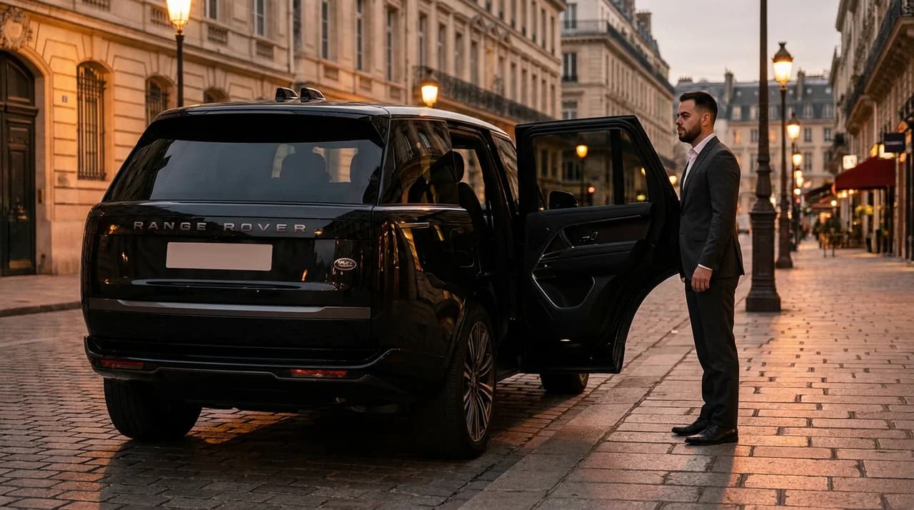 Chauffeur in pak opent het portier van een zwarte Range Rover op een elegante Europese boulevard bij schemering