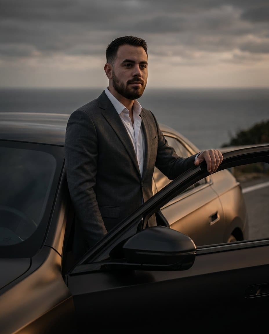 Elias Chraibi, oprichter van Monarch Drive, in pak naast een auto aan de kust