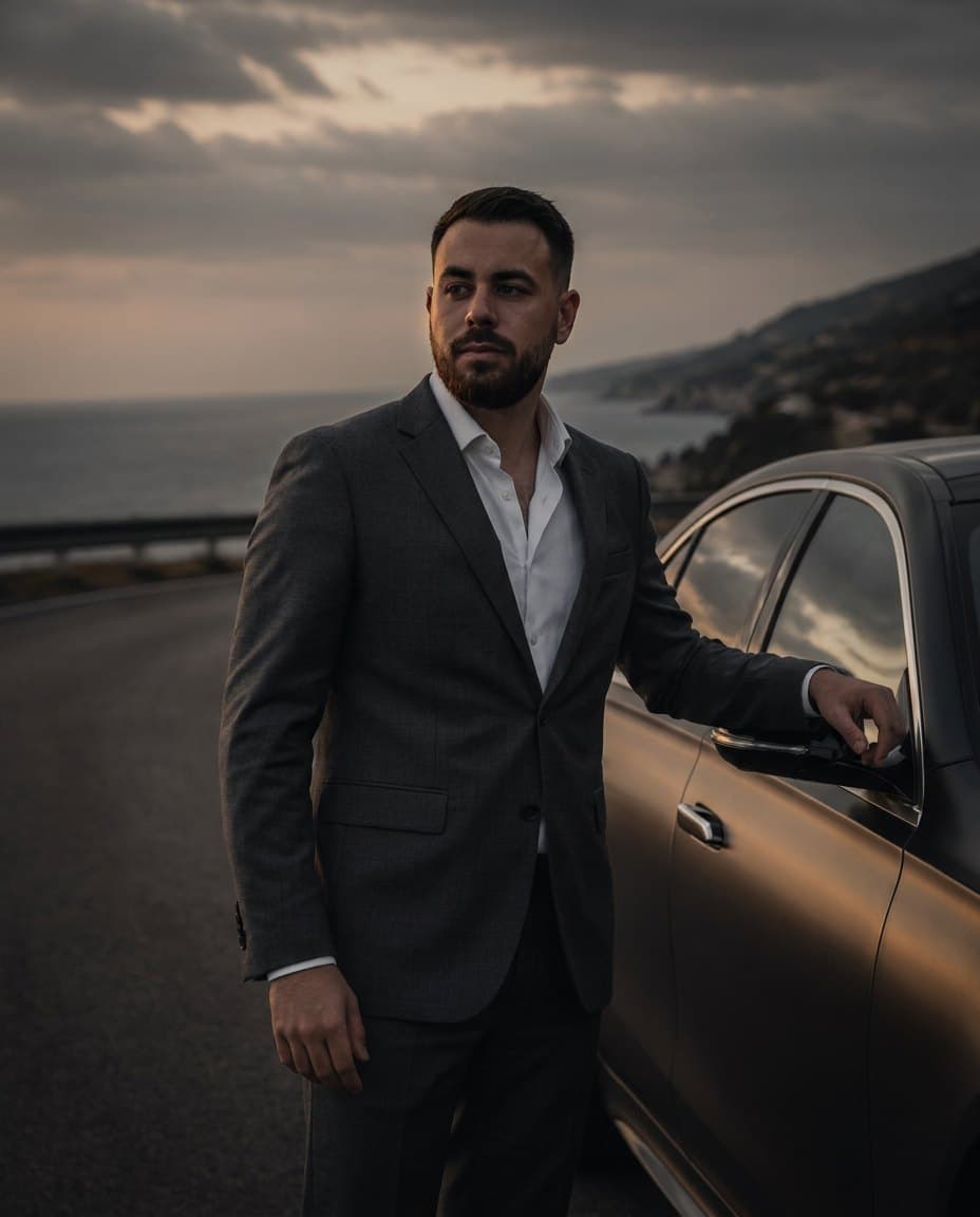 Elias in pak naast een Mercedes-Benz S 580 tijdens een chauffeursrit
