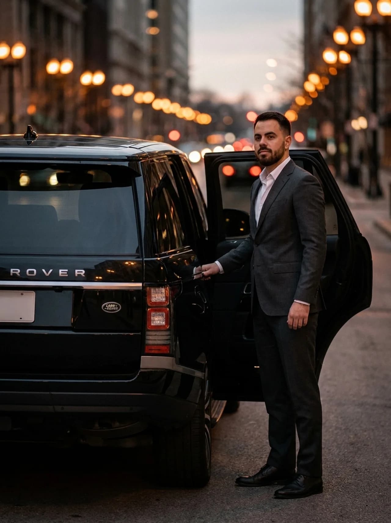 Elias in pak bij de geopende portier van een zwarte Range Rover in de stad bij schemering — persoonlijke chauffeursdienst