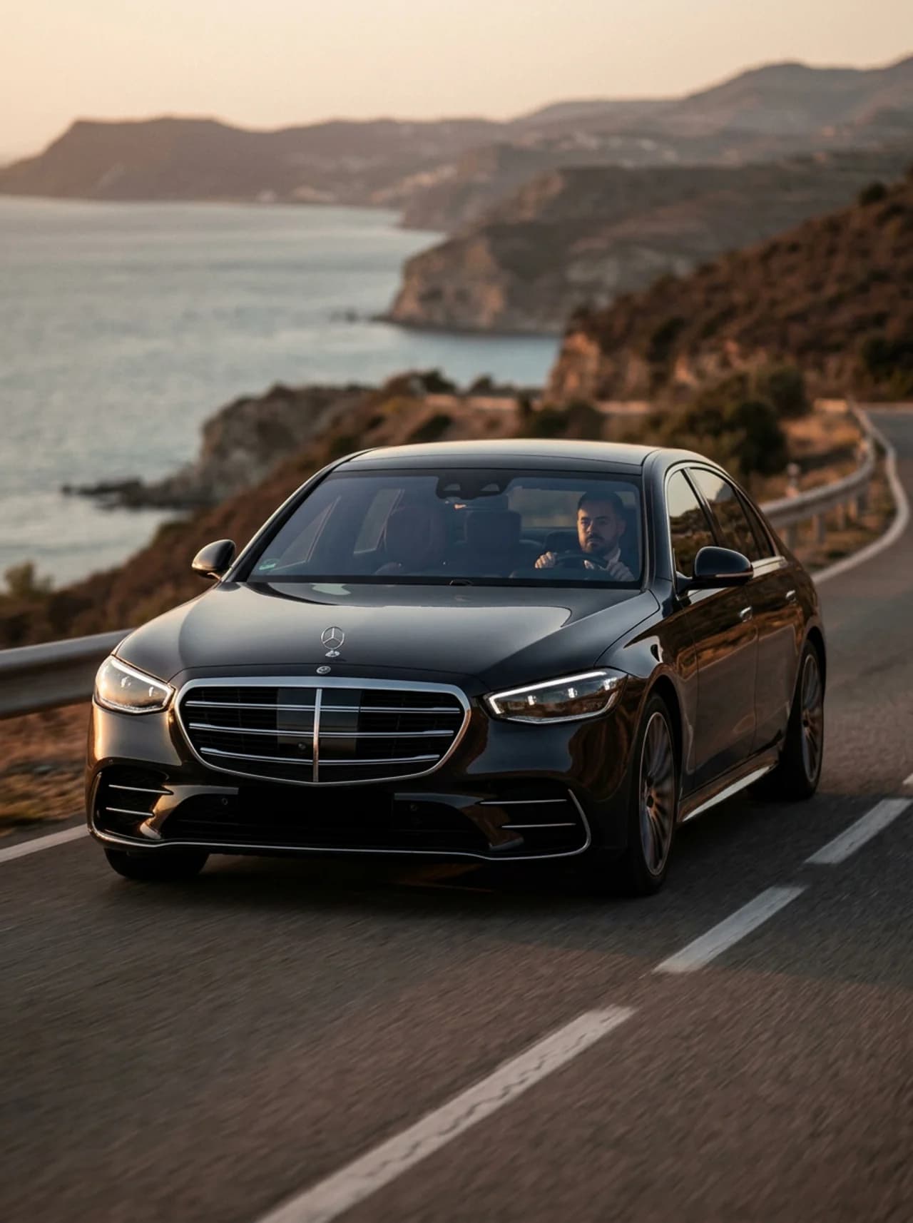 Zwarte Mercedes-Benz S-klasse met chauffeur aan het stuur op een Zuid-Europese kustweg bij schemering