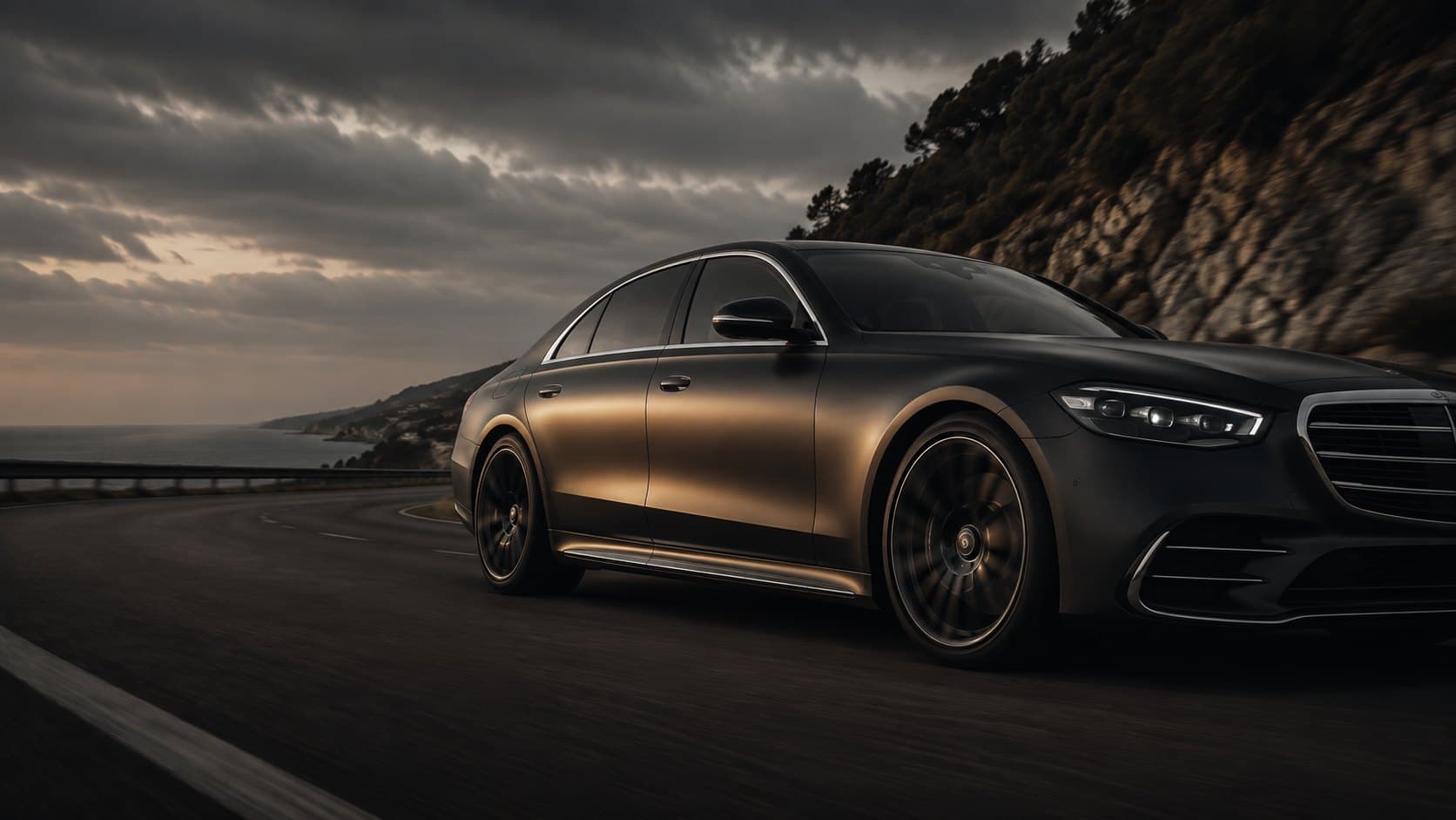 Mercedes-Benz S 580 op een kustweg in Zuid-Europa