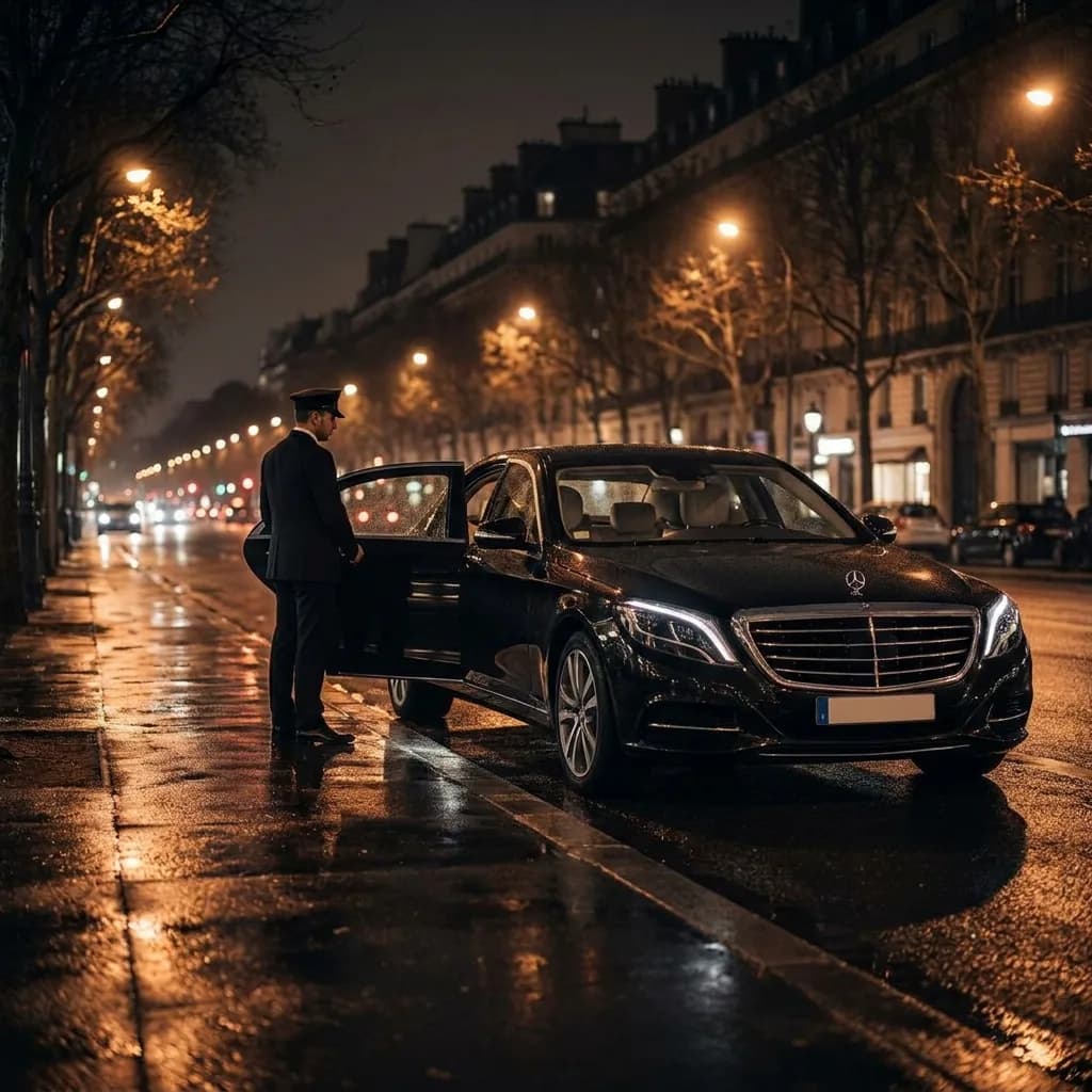 Chauffeur opent het portier van een zwarte Mercedes-Benz S-Klasse op een nachtelijke boulevard