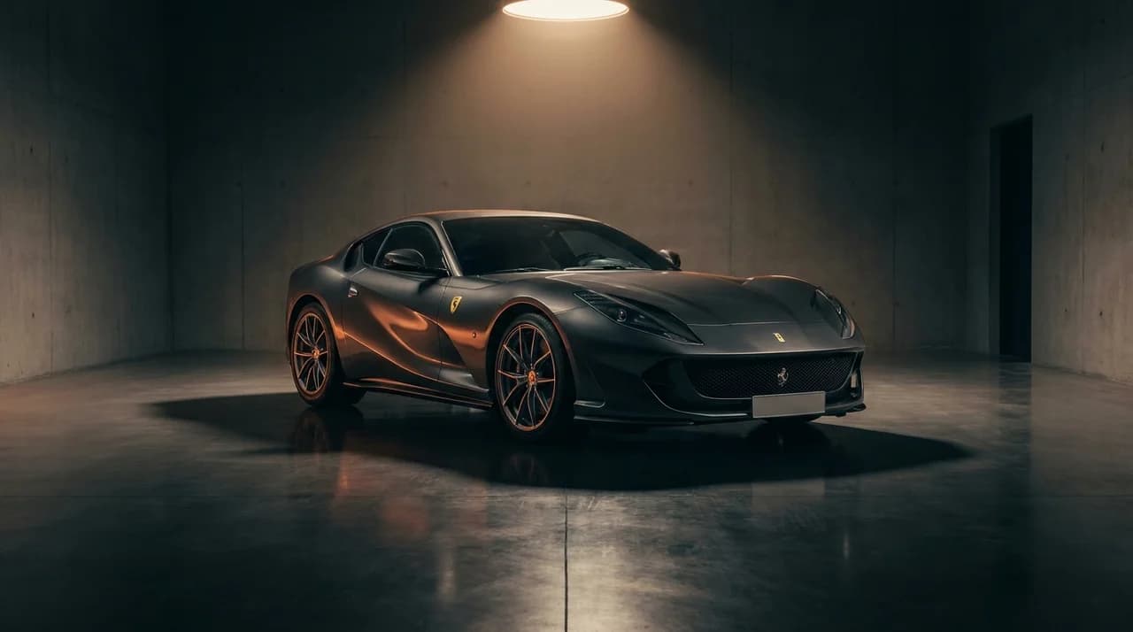 Donkere Ferrari 812 onder een warme spotlight in een minimalistische showroom