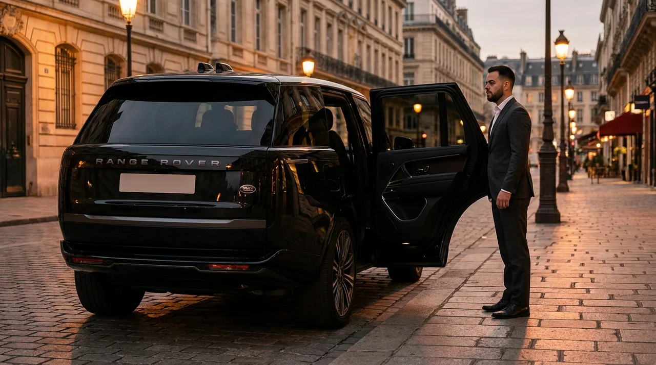 Chauffeur in pak bij een auto op een elegante boulevard bij schemering