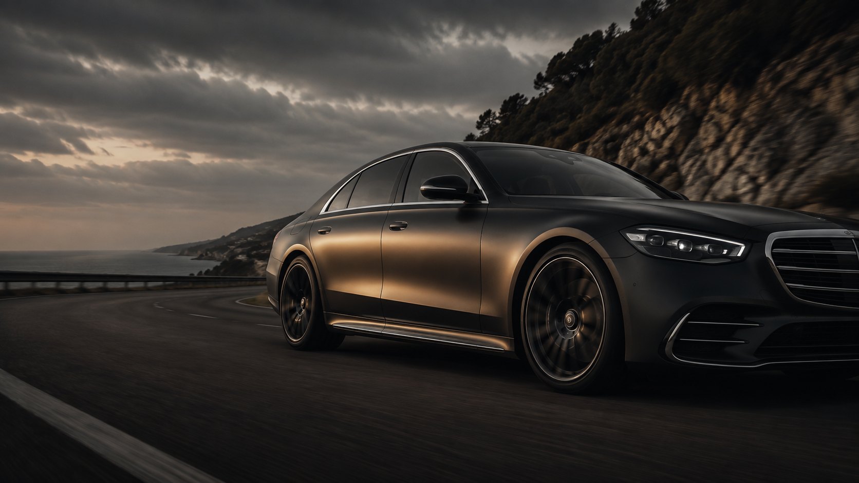 Zwarte Mercedes-Benz S 580 onderweg bij schemering — persoonlijke chauffeursdienst
