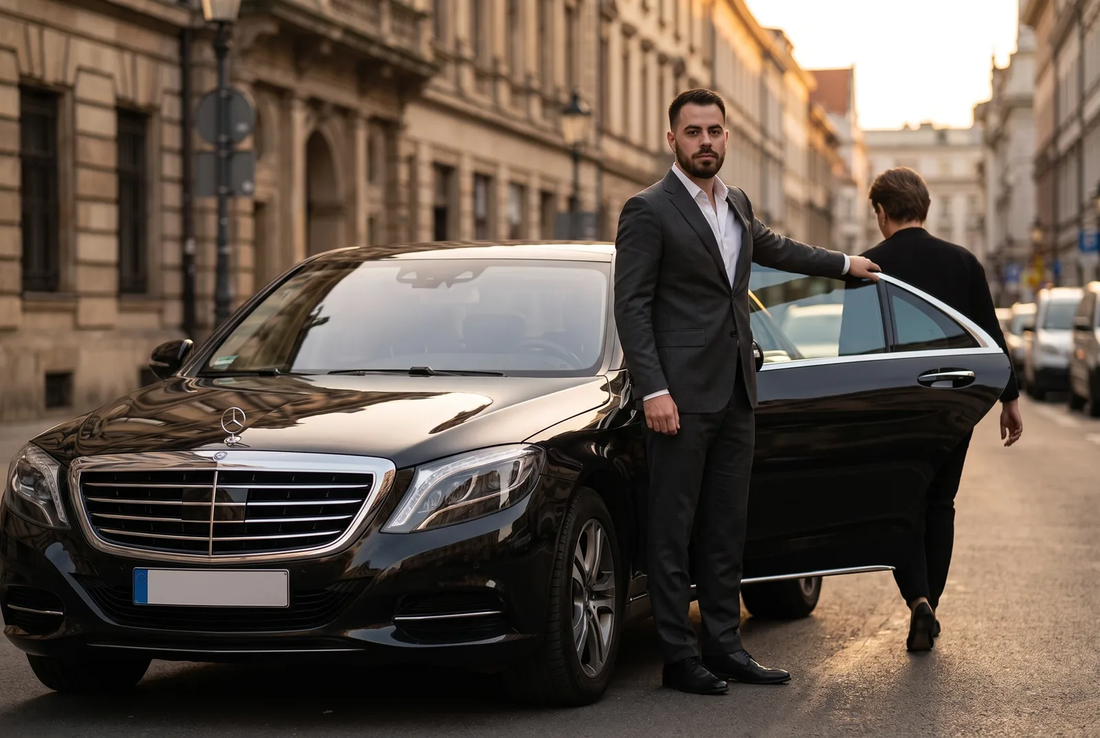 Chauffeur in pak opent het portier van een luxe sedan voor een klant