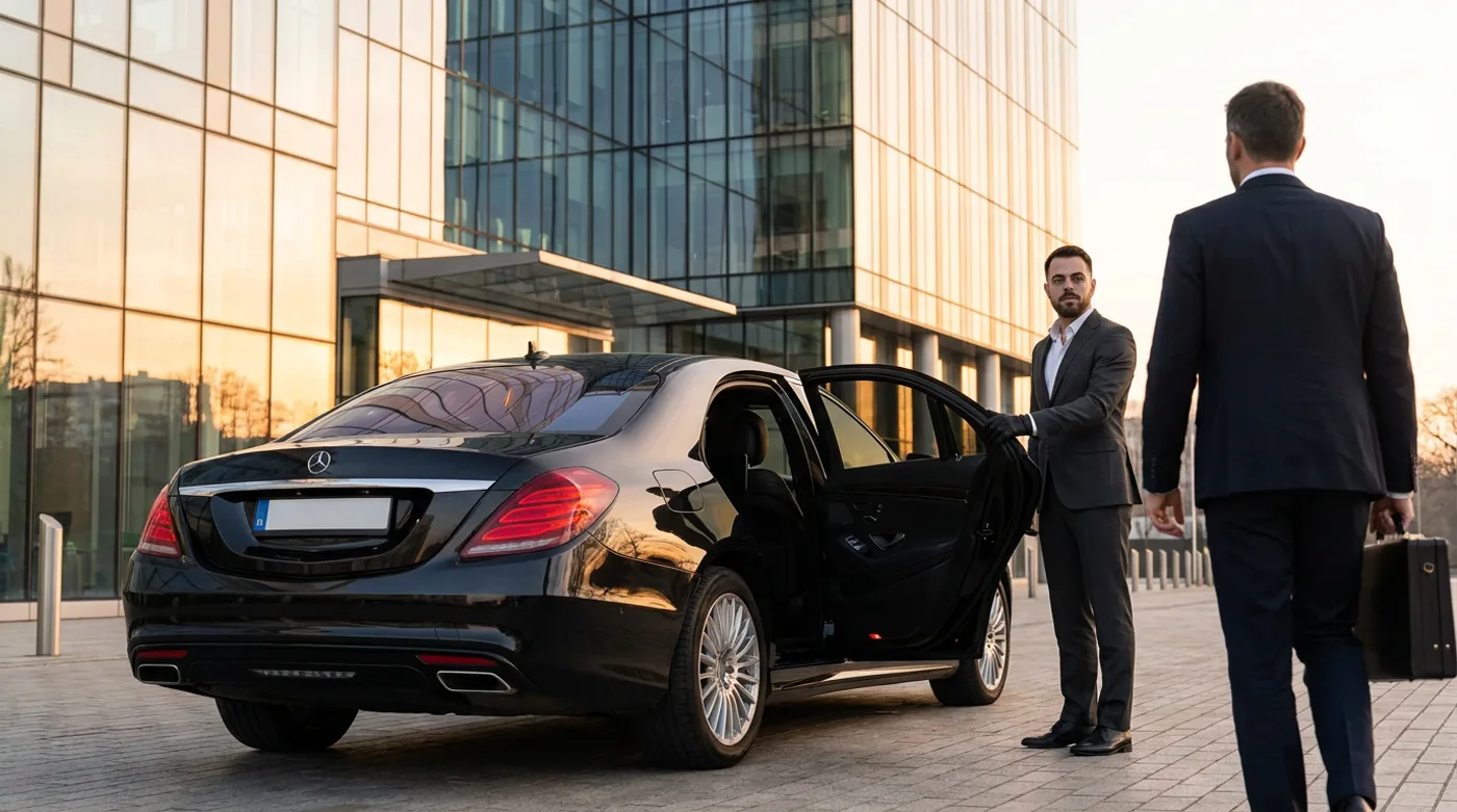 Zwarte Mercedes-Benz S-Klasse met geopend portier voor een verlicht kantoorpand