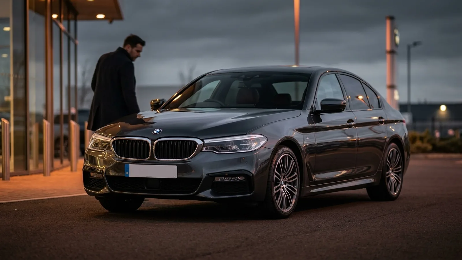 Donkergrijze BMW 5 Serie, zorgvuldig geselecteerde occasion op een verzorgd voorterrein bij schemering