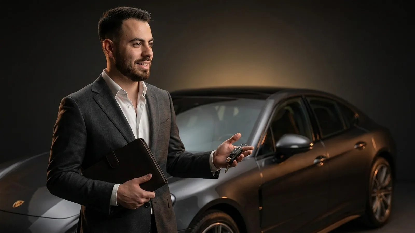 Autoconciërge in pak met autosleutels en portfolio naast een donkere luxe sedan