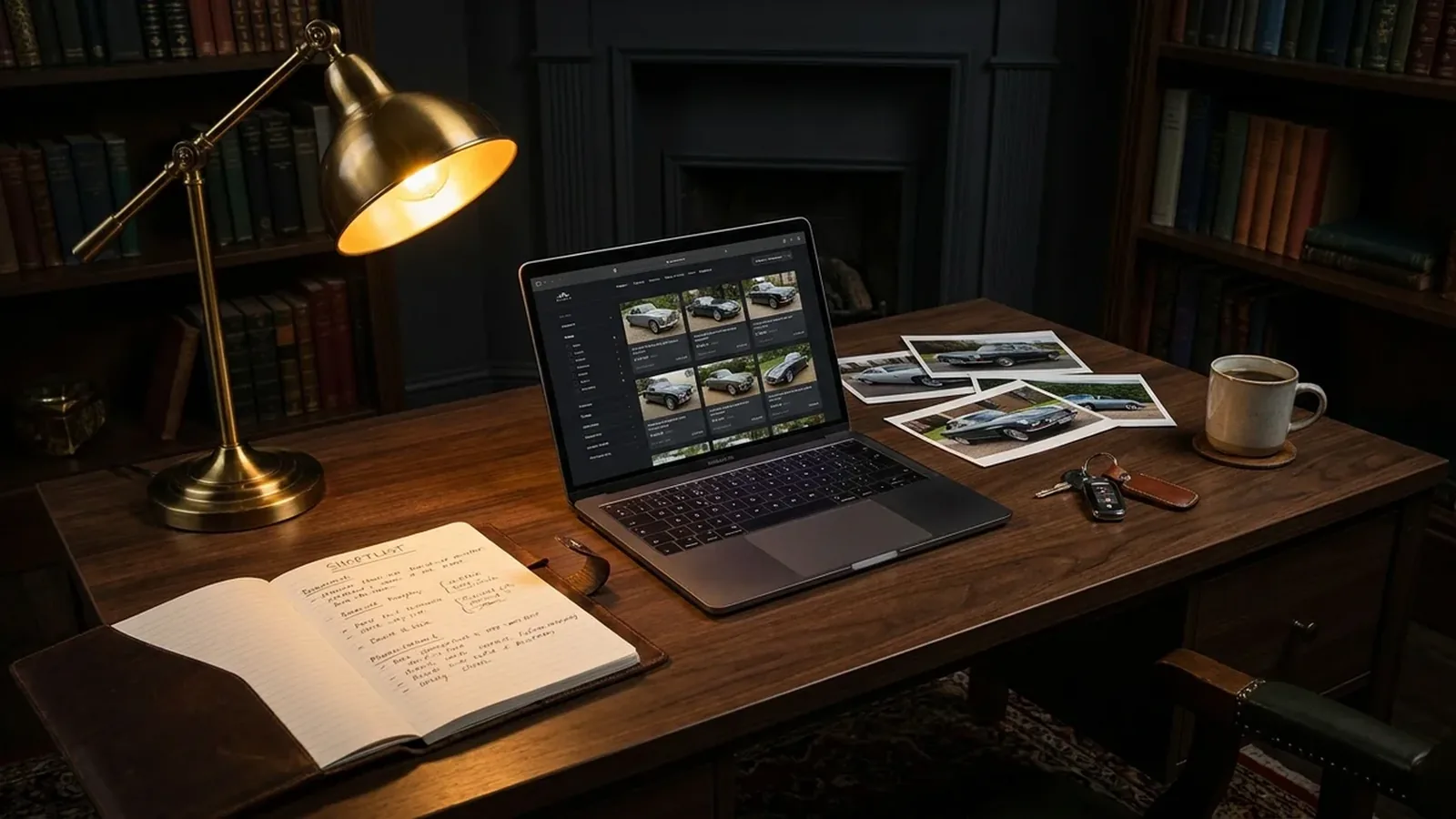 Werkbureau met laptop vol autolistings, uitgeprinte foto's en een notitieblok met shortlist — gericht zoeken en curatie